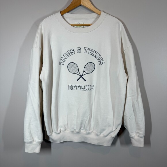 OFFLINE by Aerie Tops - OFFLINE by Aerie Tacos & Tennis Crewneck Sweatshirt Cream Graphic Sz M